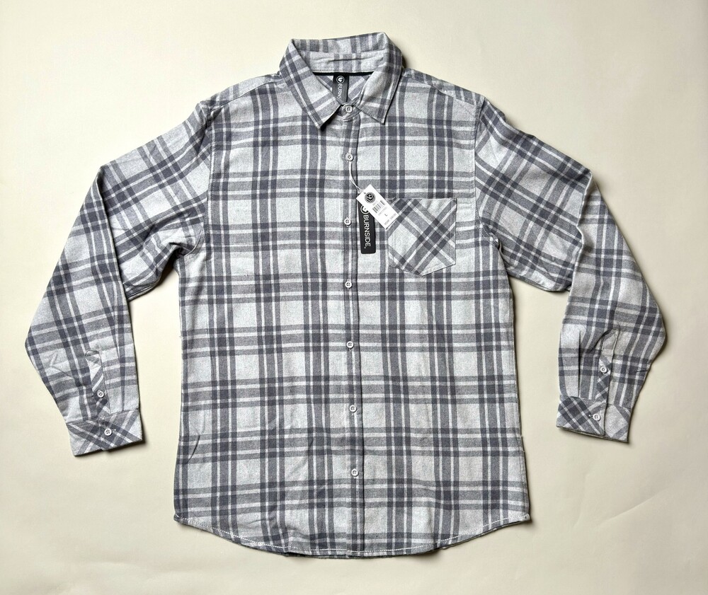 Burnside Shirt Mens Large Grey Steel Plaid Button Up Long Sleeve Pocket Flannel